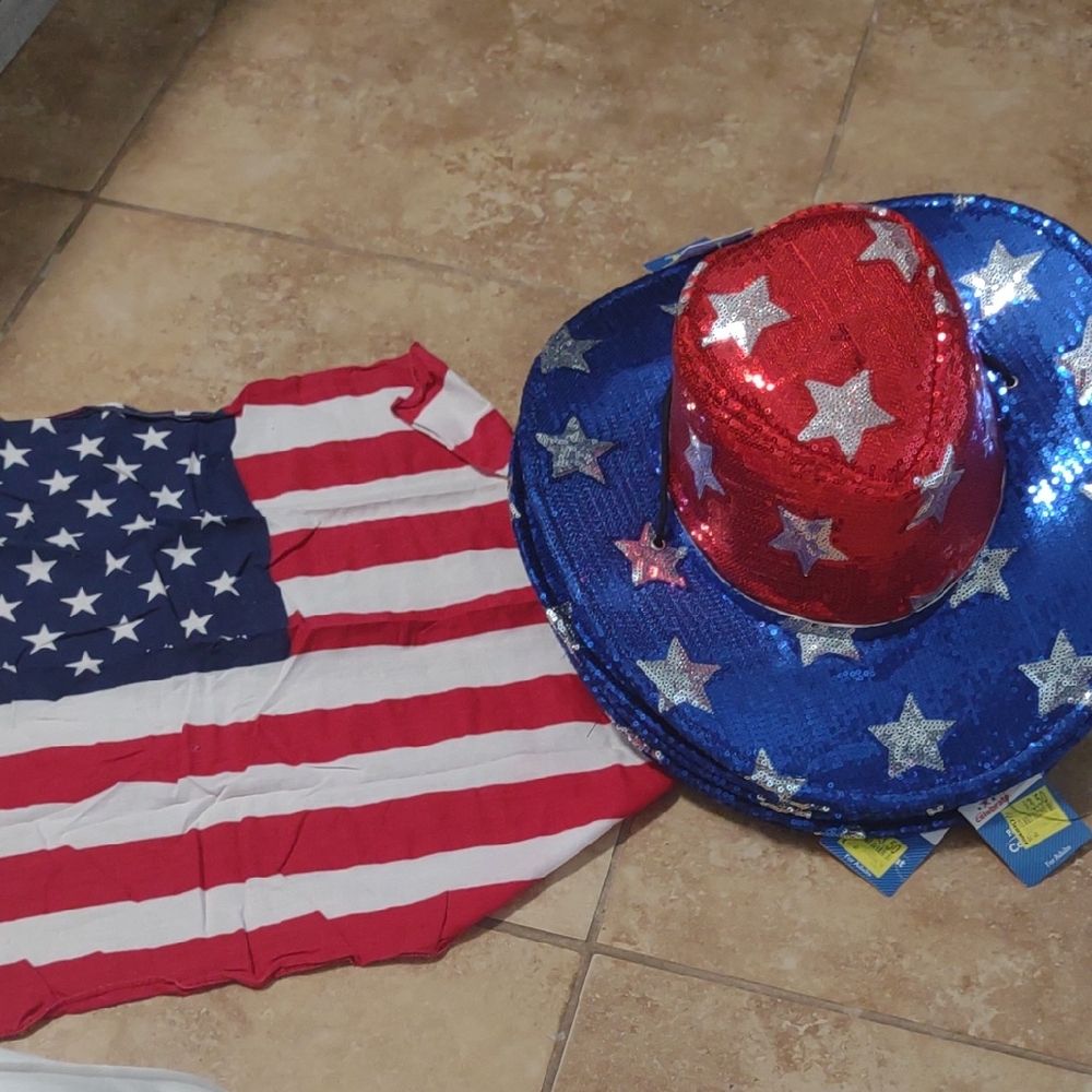 Patriotic Sequin Cowboy Hats (5) and Flag Set